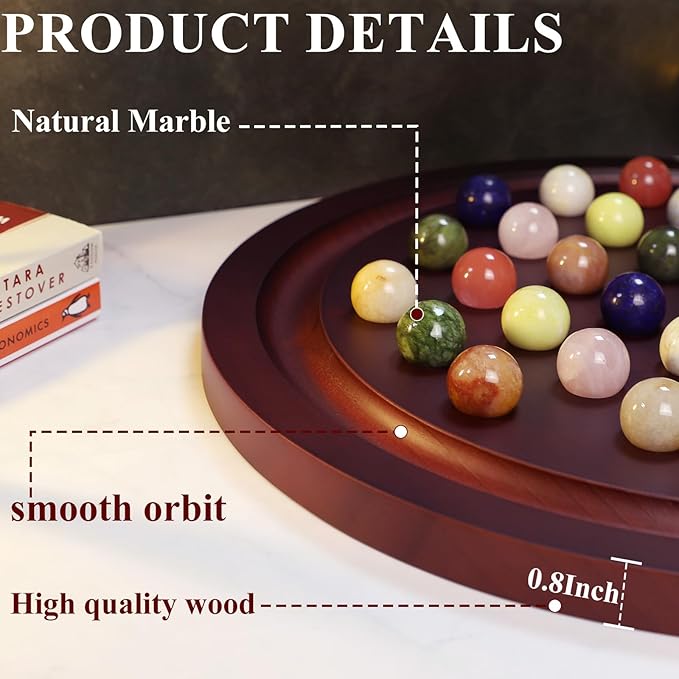 HOROW 15.7 Inches Large Marble Solitaire Board Game Wooden Classic Natural Stone Marbles Solitaire Game Set Containing 36 Colored Natural Stone Marbles Strategy and Smart Games (Red Peach Color)