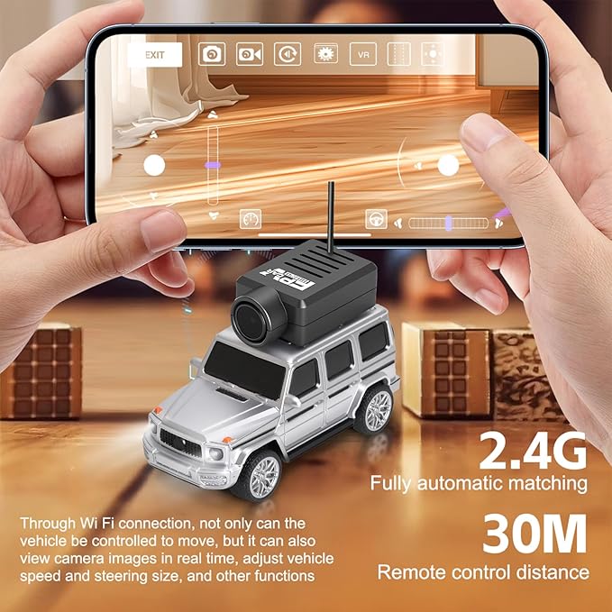 GoolRC WLtoys 6406-C Mini RC Car 2.4GHz 1:64 Scale FPV Remote Control Car with Camera 720P APP Control Rear Drive Vehicle with 2 Trailers and LED Lights for Adults (Silver)