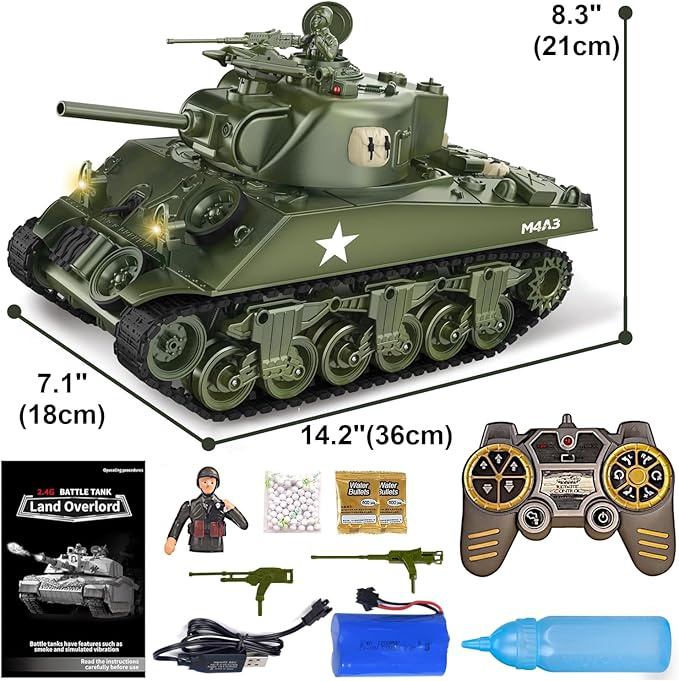 M4A3 Sherman US Army Tank 1/18 RTR RC Armored Fighting Vehicle Airsoft BB Battle Water Bomb Shot Smoke Sound Light Recoil 2.4Ghz Vibration Controller WWII Military Model Classic Panzer Display
