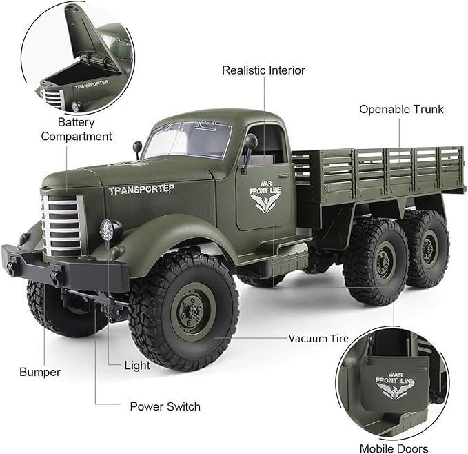 GoolRC RC Military Truck 1:16 Scale Remote Control Car 6WD RC Army Car All Terrain Off-Road RC Truck 2.4GHz Electric Military Transporter Vehicle with Headlights 2 Batteries for Adults