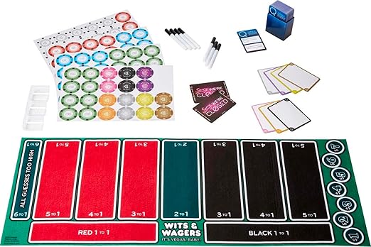 Mattel Games Wits &amp Wagers Board Game Vegas Edition Party Game with Dry Erase Boards Markers &amp Poker Chips for 5+ Players