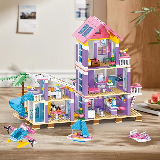 955 Piece Beach House Building SetSeaside Beach Villa Building Toys Friends Vacation Hut Blocks SetSTEM BuildingToys with HelicopterYachtSailboatChristmas Birthday Gift for Girl Age 6-12+