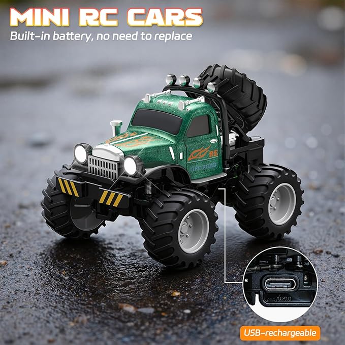 Snugzy Kids Mini RC Car 1:64 Scale RC Truck with Trailer 2.4Ghz Remote Control Rechargeable RC Cars Toy Gifts for Boys Girls (Green)