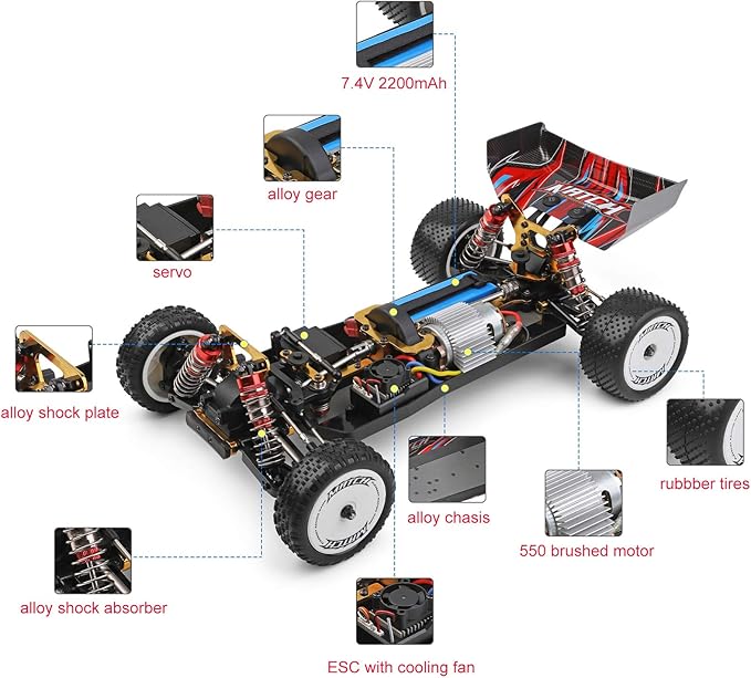 GoolRC WLtoys 104001 RC Car 1:10 Scale 2.4GHz RC Drift Cars 4WD 45km/h High Speed Racing Car All Terrain Off-Road Buggy with Aluminum Alloy Chassis Zinc Alloy Gear and 3 Batteries