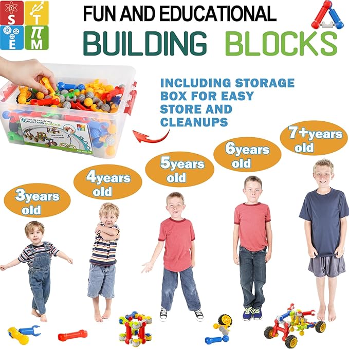 170 Pcs STEM Building Toys for Kids Ages 4-8 Building Blocks Educational Construction Engineering Building Kit for Ages 3 4 5 6 7 8 9 Year Old Creative Kids Games Christmas Birthday Gifts Boys Girls