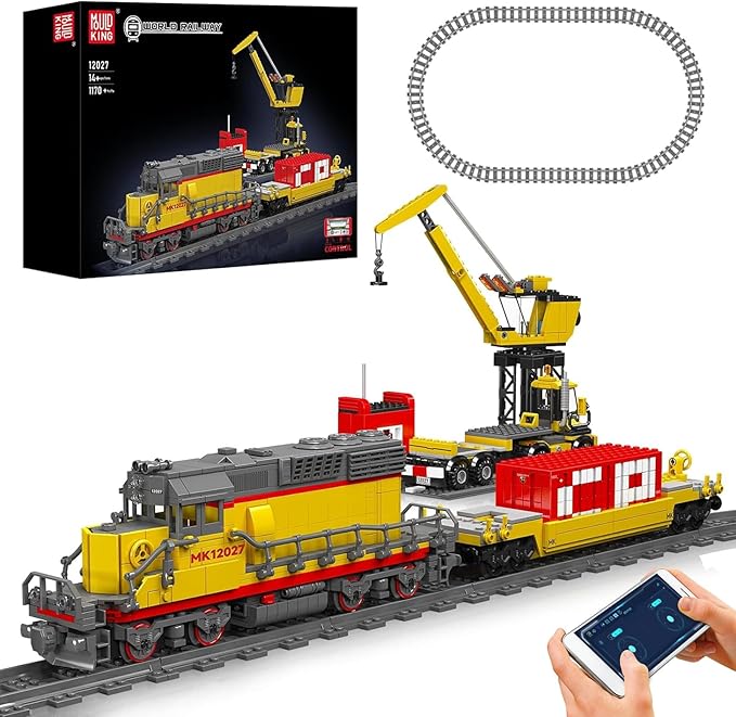 Mould King 12027 Diesel Locomotive Train Building Sets with a Semi-Trailers Cranes Remote/App Control Engineering Toy Kit Scale Model with Trains Tracks for Adults(1170 Pieces)