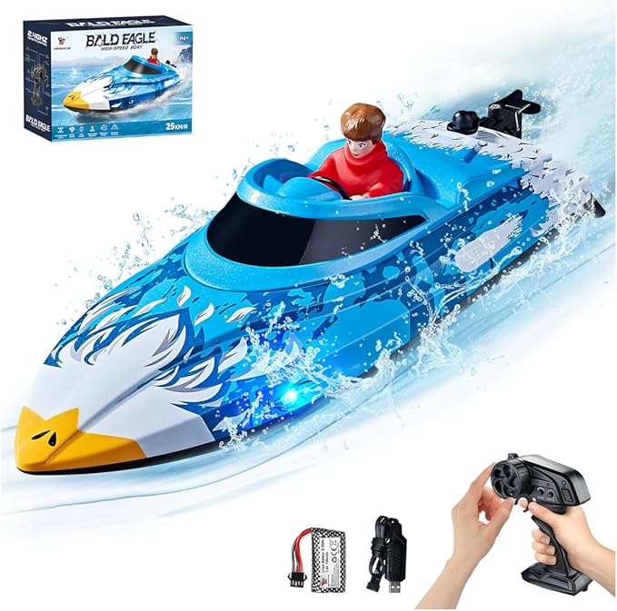 25KMH RC Remote Control Boat with LED Lights Self-Righting Low Battery Alert 2.4GHz with 800 mAh Lithium battery Waterproof Electric Fast Speed Boat for Pool &amp Lake Toy for Boys Girls Blue