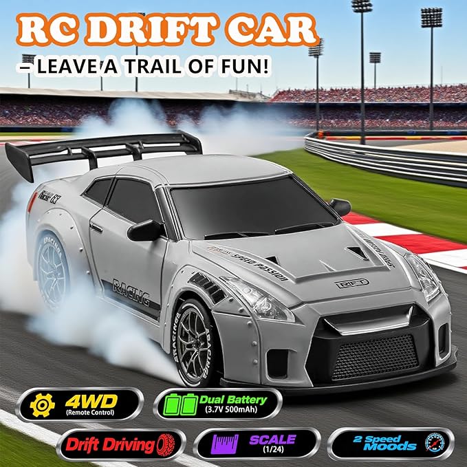 RC Drift Car 1:24 Scale Remote Control Vehicle with LED LightsDrifting Tires＆Two Batteries Racing Sports Toy Idea Gift for Adults Boys Girls and Kids Galactic Silver
