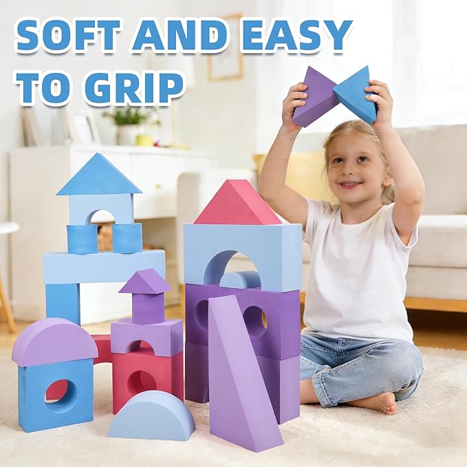 Large Building Foam Blocks for Toddlers EVA Stacking Foam Building Blocks Toy Set Non-Toxic Washable Early Learning Construction Toys &amp Gifts for Kids Boys &amp Girls (Pink Pieces 30)