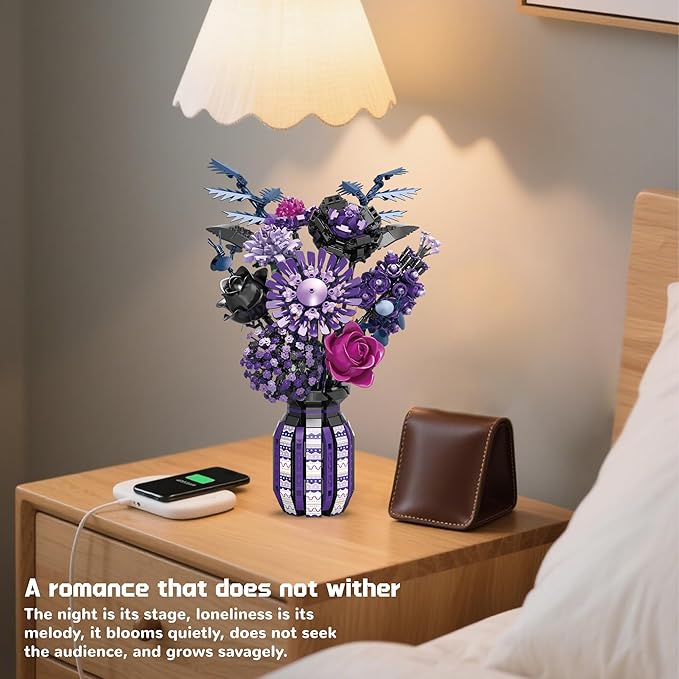 Purple Flower Bouquet Building Set with Vase Plant Botanical Collection for Adults Women Girl 14+ Gothic Home Decor