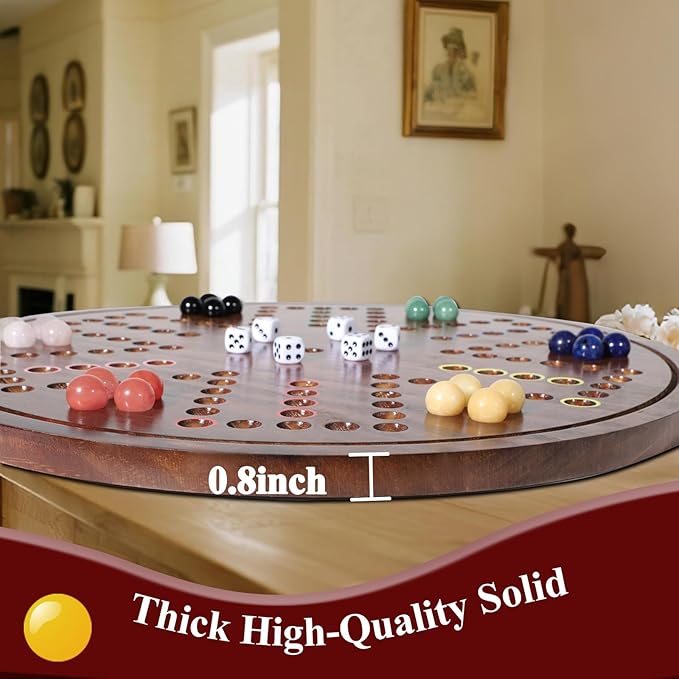 HOROW Wahoo Board Game - 20 Inch Solid Wood Board with 24 Natural Gemstone Marbles &amp 6 DiceDouble-Sided for 4 and 6 Players - Perfect for Family Game Nights and Parties（Deluxe Edition）