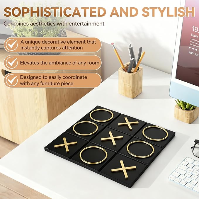 Tic Tac Toe Decor 10 x 10 Inch Wooden Black Wood Board with Gold/Silver X and O Pieces Modern Minimalist Coffee Table Decor for Living Room Office and Bookshelf Display (Gold)