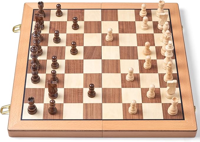 AMEROUS Magnetic Wooden Chess Set 15 Inches Handmade Wooden Folding Travel Chess Board Game Sets with Chessmen Storage Slots for Kids and Adults 2 Bonus Extra Queens Gift Box Packed