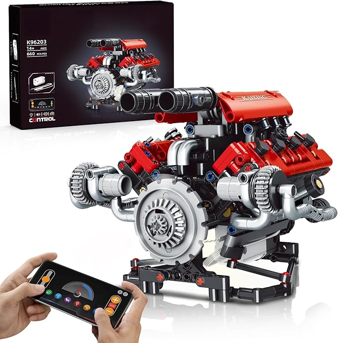HIGH GODO V8 Engine That Works Visible Car Engine Model Kit with Motor and Lights Build Your Own Car Engine Kit with App Control Kit STEM Toys Gifts for Teens Adults 14+ (660 PCS)