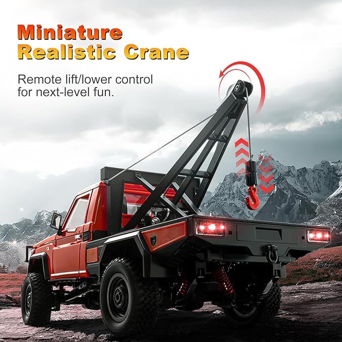 RC Crawler 1:12 Scale MN82 New Upgrades MN82-T RC Crane Truck 4WD LC79 Land Cruiser Rock Crawler with Lights Speed Adjustment Crane Tires All Terrain Wrecker for Teens Adults(Red)