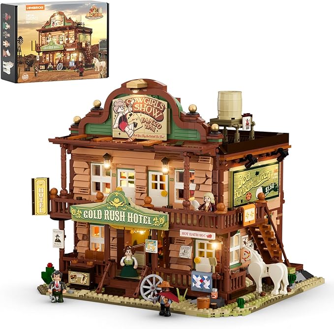 Western-Inn Lighting-Building-Bricks Set - 2682 Pcs The Old West Inn Light Construction Hotel Building Model Set for Adults and West Lovers