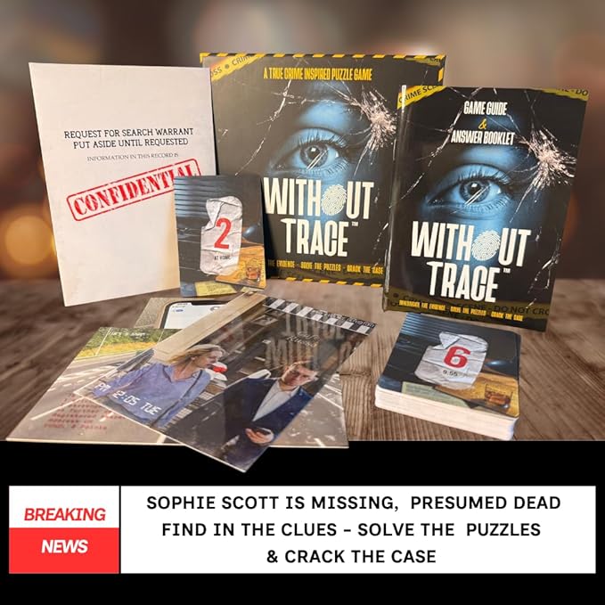 Without Trace - Escape Room Strategy Puzzle Board Game. Immersive Detective Investigation Murder Mystery True Crime Challenge for Adults Teens Couples Date Nights or Solo. 1-4 Players.