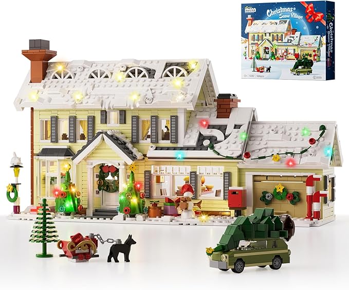 Christmas Holiday House Building Set DIY Christmas Holiday Snow Village with Clark's Car Christmas House Compatible with Lego Gifts for Boys Girls Family and Friends (1484pcs)