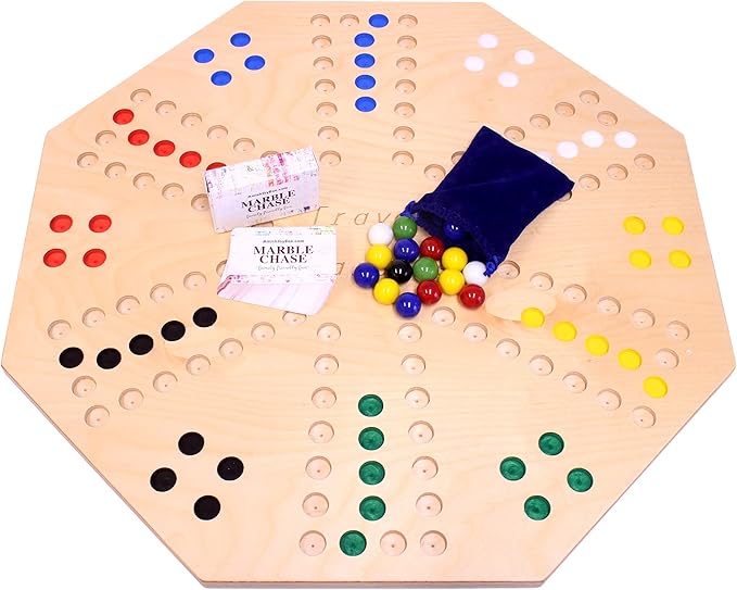 AmishToyBox.com Travel Marble Chase (Cards N' Marbles) Wooden Board Game Set - Double-Sided 23 Wide Board - Includes Carry Bag Marbles and Playing Cards