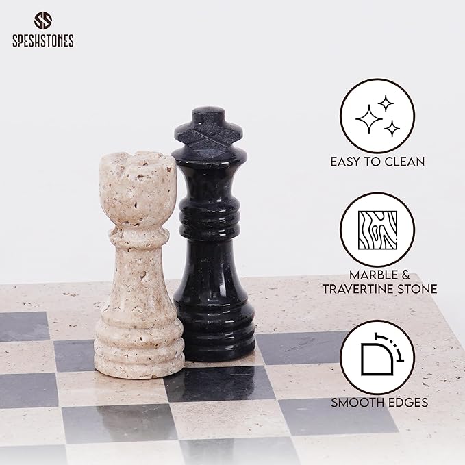 Marble Chess Set for Adults 12 Inch Handmade Travertine and Black Board Game with Storage Box Travel Chess Set for Tabletop with Pieces &amp 2 Extra Queens Gifts &amp Home Décor