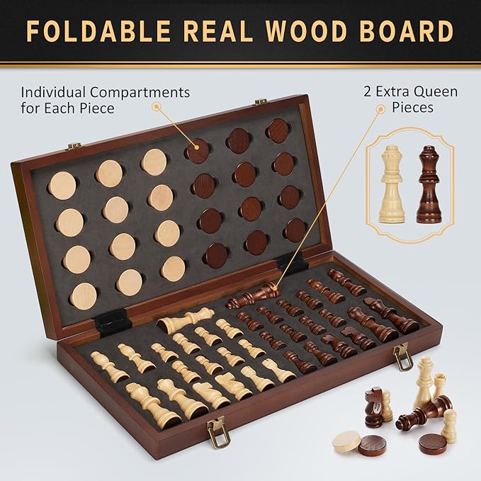 2 in 1 Magnetic Wooden Chess and Checkers Board Game Set 15 Folding Chess Boards with 2 Extra Queens Portable Travel Chess Sets with Pieces Storage Slots Beginner Chess Game Set for Kids Adults