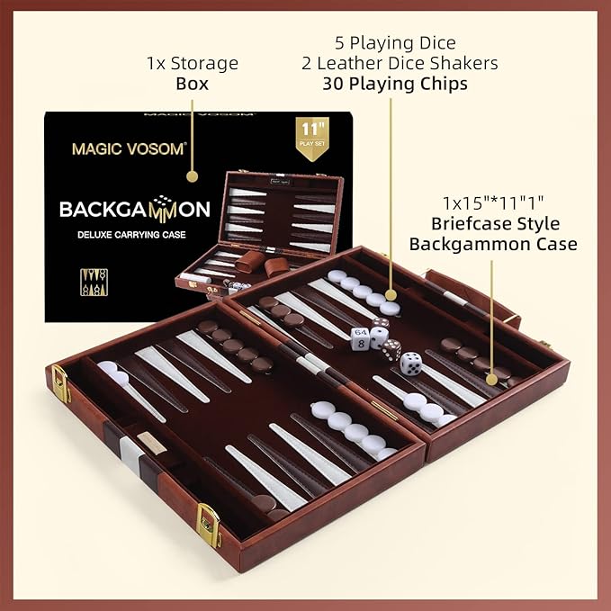 Travel Small 11 Inch Backgammon Set Classic Board Game with Leather Make Board Gift Package Portable Strategy Game Set for Adults Kids (Brown Small)