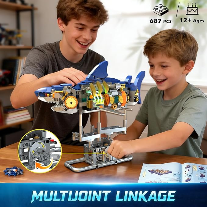 Mechanical Shark Building Set with LED Light 687 PCS Movable Ocean Animal with Display Stand Sea Fish Building Block Toy Home Decor Gift for Adults Teens Kids Boys Ages 12+