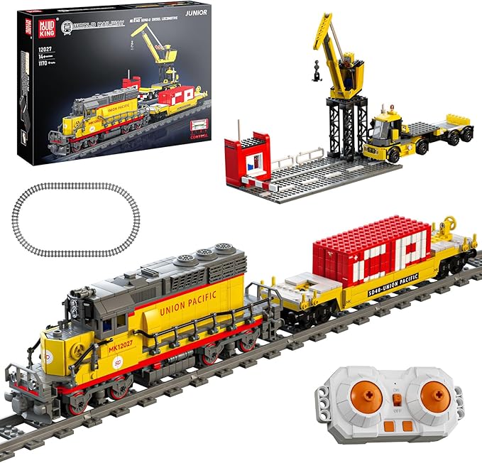 Mould King Remote Control Train Building Set 1170pcs Diesel Locomotive Train Toy with Loop Track Crane Containers Semi Trailer for Assembly Construction Model Kit for Teens and Adults (Age 14+)