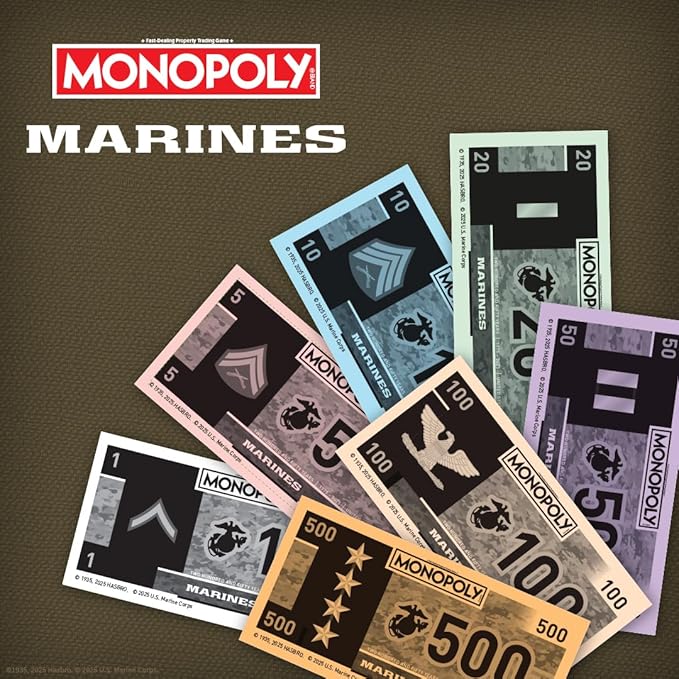 Monopoly: Marines 250th Anniversary Edition Celebrate 250 Years Buy Bases Worldwide and Upgrade with Tents &amp Barracks Play as Tokens: Combat Boots Bulldog &amp More Officially Licensed Merc