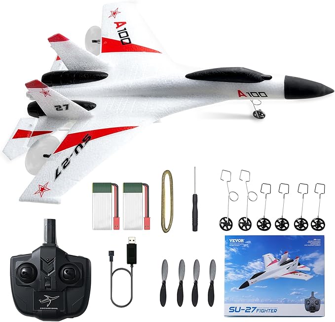 VEVOR RC Plane 2.4GHZ 4 Channel RC Airplane with 6-Axis Gyro Stabilizer&amp2 Batteries Ready to Fly SU-27 Fighter Aircraft Plane Toy for Adults Kids Beginners Boys Birthday/Xmas Child Gift