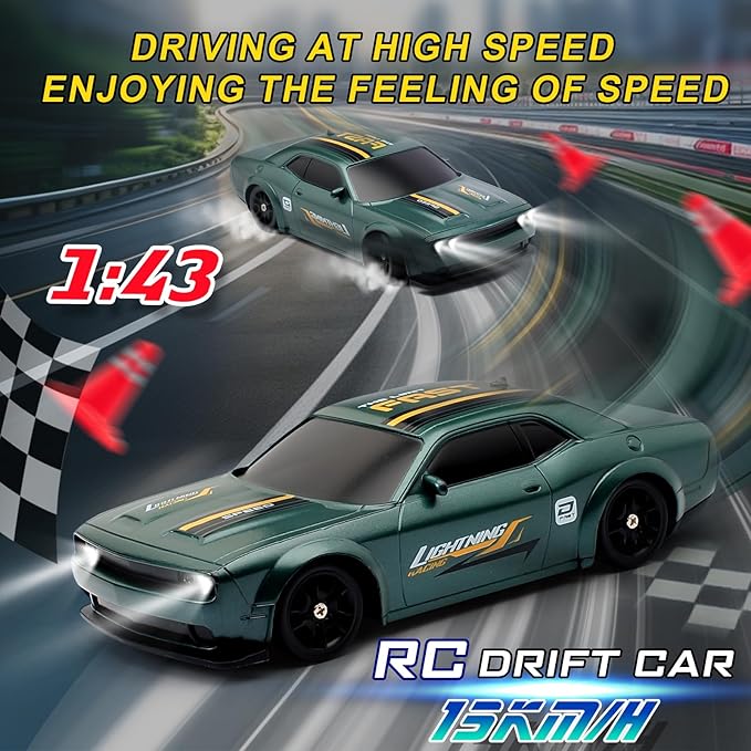 1:43 Scale Mini Racing Drift Car Model2.4GHz Remote Control Car 4WD High Speed Race with LightsRacing TiresRC Toys Hobbyist Gift for Adults Kids Boys Girls (Green)