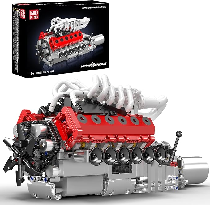 Mould King V12 Engine Model Kit That Runs - Motorized Mini Engines Building Blocks Set with Gearshift &amp Battery DIY Mechanic Engineering Kit Car Construction STEM Toy for Adults &amp Teens (136