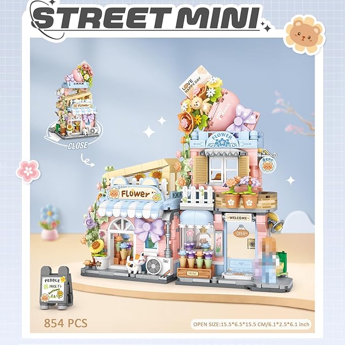 Mini City Shop Street View Building Blocks Model SetSimulation Animals Architecture Collection Particle Construction Building Bricks ToyHome Decoration (Flower Shop)