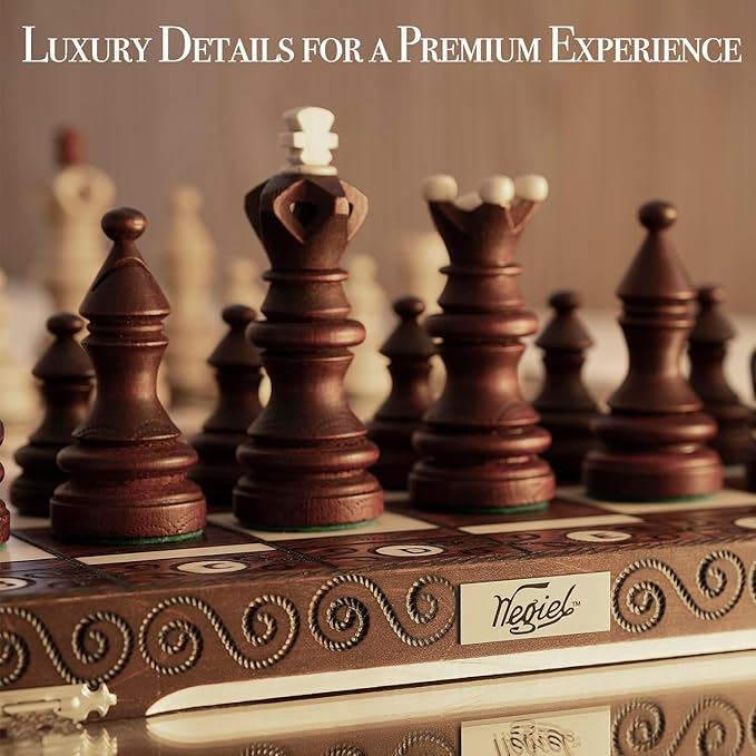 Wegiel Imperator 21-Inch Luxury Wooden Chess Set for Adults and Kids - Handcrafted from Premium Beech and Birch Wood - Unique Folding Design with Chess Piece Storage BrownImperator - Brown