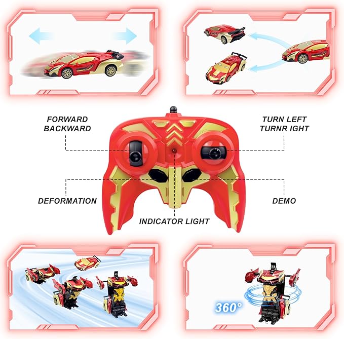 Iron Man Remote Control Car Toy for Boys 2.4Ghz RC Transform Robot Toy 1:18 Scale One-Button Deformation 360°Rotation Car with Underbody Lights Gifts for Boys Age 3 4 5 6 7 8 9 10 11 12