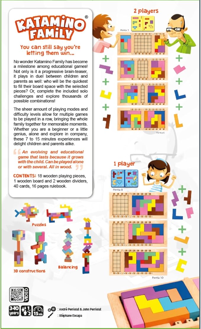 Katamino Family | Wooden Brain Teaser Puzzle Game for Kids and Parents | Educational Board Games for Toddlers and Kids of All Levels | Over 1000 Pentomino Combos | Ages 3+ | 1-2 Players | 10 Min