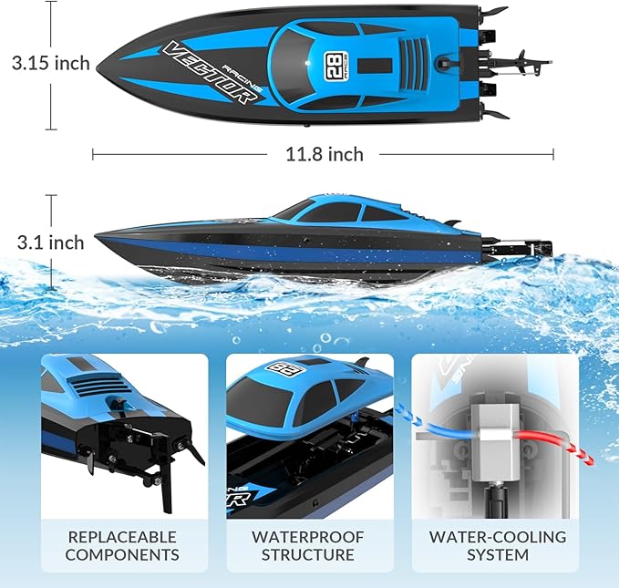VOLANTEXRC RC Boat 20MPH Fast Remote Control Boat with Lights 2.4Ghz Toy Boat for Pools and Lakes with 2 Rechargeable Batteries Toys Gifts for Adults Blue