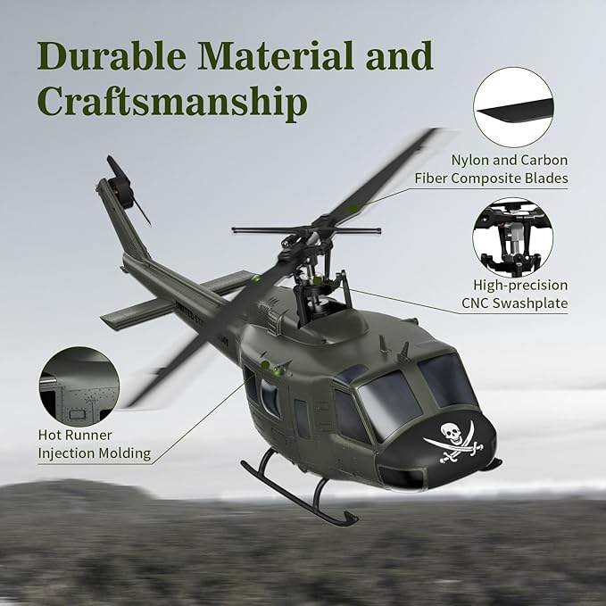 Carmanon UH-1 RC Helicopter - Huey Collectable Remote Control Helicopter with Auto-Hover for Adults Beginners 1/27 Scale 2 Batteries