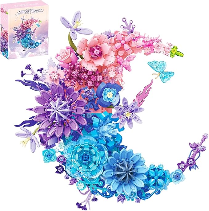 Moon Flowers Building Blocks Set Botanical Collection Blossom for Wall Decor Creative Floral Building Kit Flower Bouquet Botanical Collection for Home Décor Gift for Adults Teens 934 PCS (Pink)