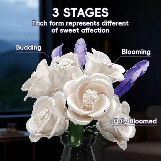 White Roses Flowers Bouquet Building Set with Vase 256 Pcs Artificial Botanical Collection with Purple Accents Floral Centerpiece Home Decor Gift for Adults