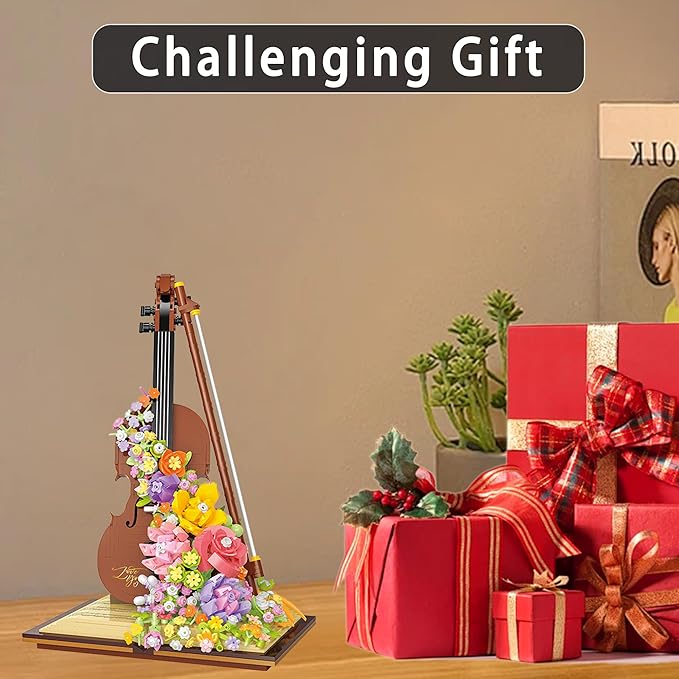 Mini Violin Building Blocks Sets Flower - 950+PCS Musical Instrument Micro Building Bricks Kit Floral - Creative Ideals Collectible Architecture Decoration Birthday Gift(Violin Flower)