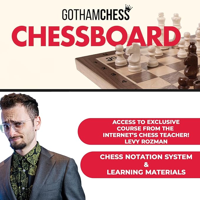 GothamChess Board | Foldable &amp Portable Magnetic Chess Pieces Organized Fitted Storage Includes Course by International Master Levy Rozman Game for Families &amp Adults | 15.75 x 15.75