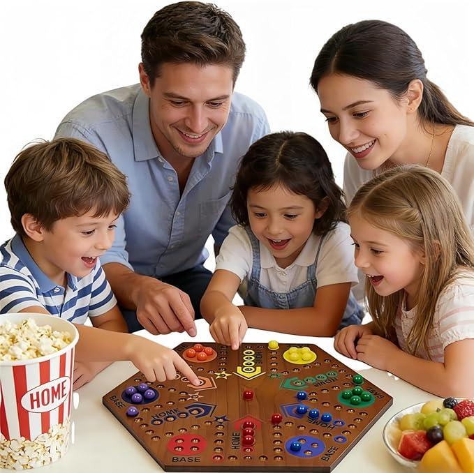 Wooden Board Games- -Marble Board Game -Surfacepainting-Double Sided Painted 15inch Fast Track for 6 and 4 Players with 6 Colors 30 Marbles 6 Dice for Kids Friends Family Game Party (Walnut)