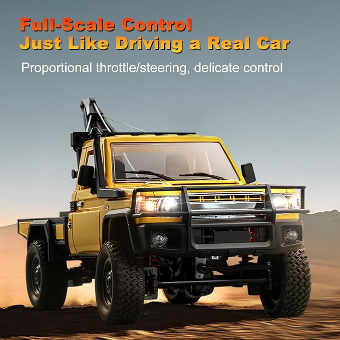 RC Crawler 1:12 Scale New Upgrade MN82-T RC Truck Crane 4WD LC79 Off Road Remote Control Pickup with Lights All Terrain Wrecker Vehicle for Teens Adults (Yellow)