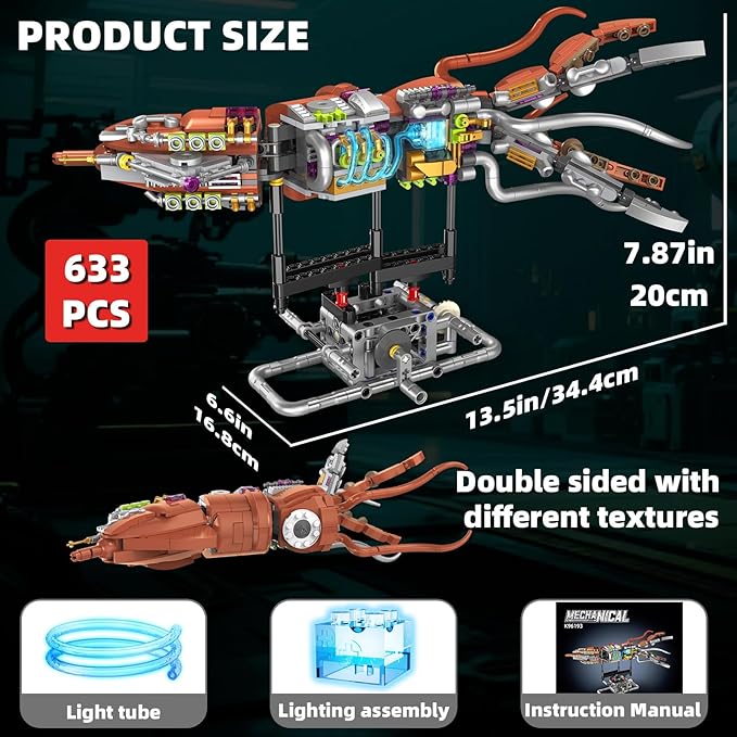 Mechanical Squid Building Set with Lights Rotatable Link Components &amp Display Stand STEM Building Set for Boys and Girls 8-14 Home Office Decor for Adults Mechanical Enthusiasts（633PCS）