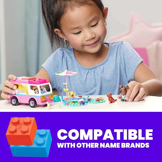 MEGA Construx Barbie Kids Building Toy Set Adventure DreamCamper with 123 Pieces 2 Micro-Dolls Furniture and Accessories Pink Ages 5+ Years