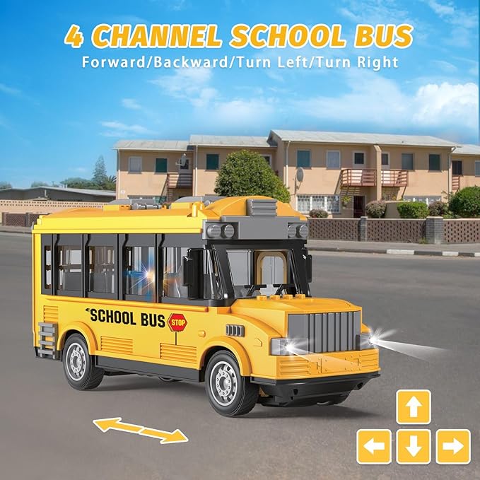 Dollox 1/30 RC School Bus 2.4G Remote Control School Car 4 Channel City Classic Bus Toy Electronic Vehicles Opening Door for Toddlers with Lights (School Bus)