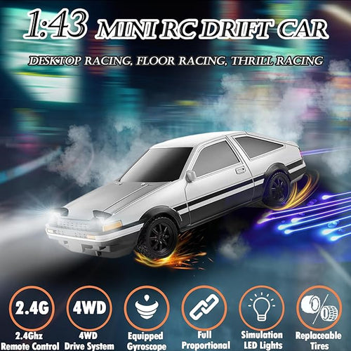 1/43 Mini RC Drift Car with Gyroscope 2.4GHz 4WD Full Proportional High Speed Micro Hobby RC Cars with Lights Racing Tires Fast Small Remote Control Car Toy Model Gift for Adults Kids Boys Girls