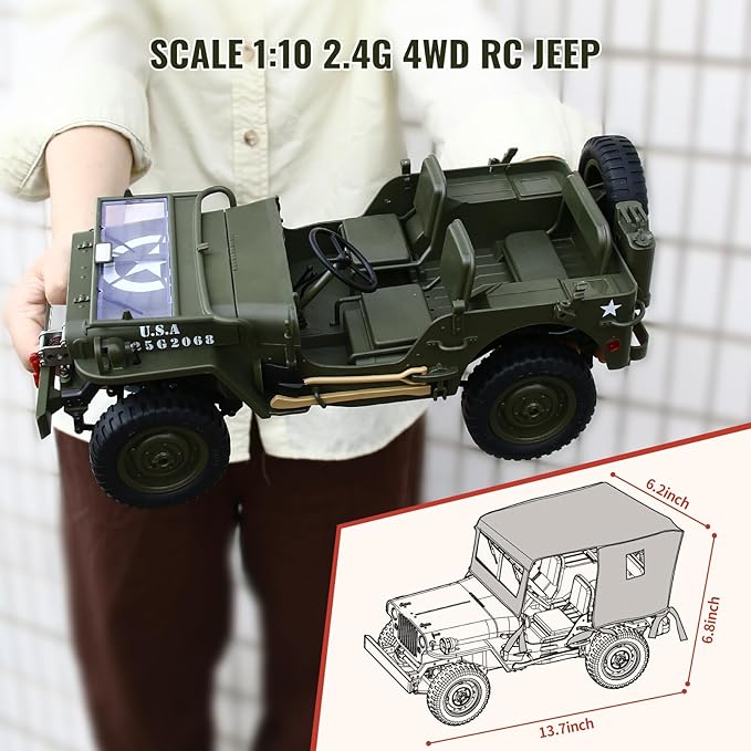 Remote Control Truck Off Road - 4x4 1/10 Scale Willys Army Rock Crawler RC Truck with Winch&ampCar Cover 40Mins Play Time All Terrain Offroad RC Car Military Vehicle Toys for Boys Radio Controlled