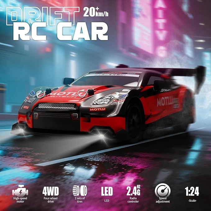RC Drift Car 1:24 Scale Remote Control Vehicle for Kids2.4GHz 20KM/H 4WD High Speed RC Cars with LED Light Two Batteries &amp Drifting Tires Racing Sport Toy Cars for Adults Boys Girls Kids 8602BU